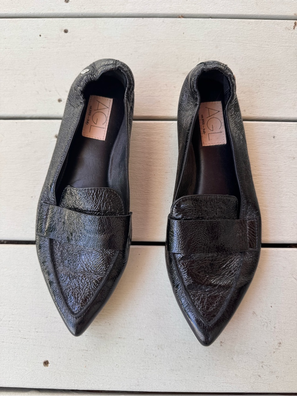 AGL Black Pointed Leather Penny Loafers